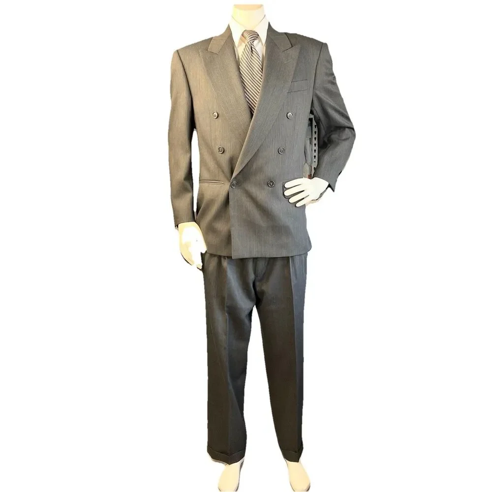 Vintage ISSIMO Men Italy Double Breasted Suit 2pc Wool Subtle Striped 40R 32x29